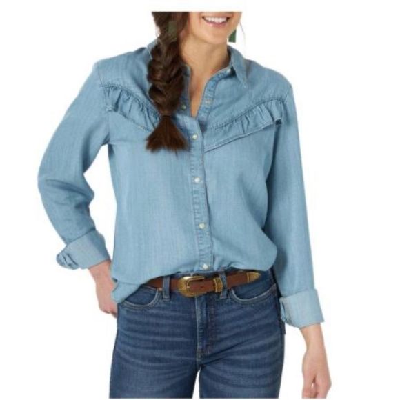 Wrangler Tops - Wrangler Pearl Snap Chambray Button Down Shirt Size Medium Ruffle Retro Western